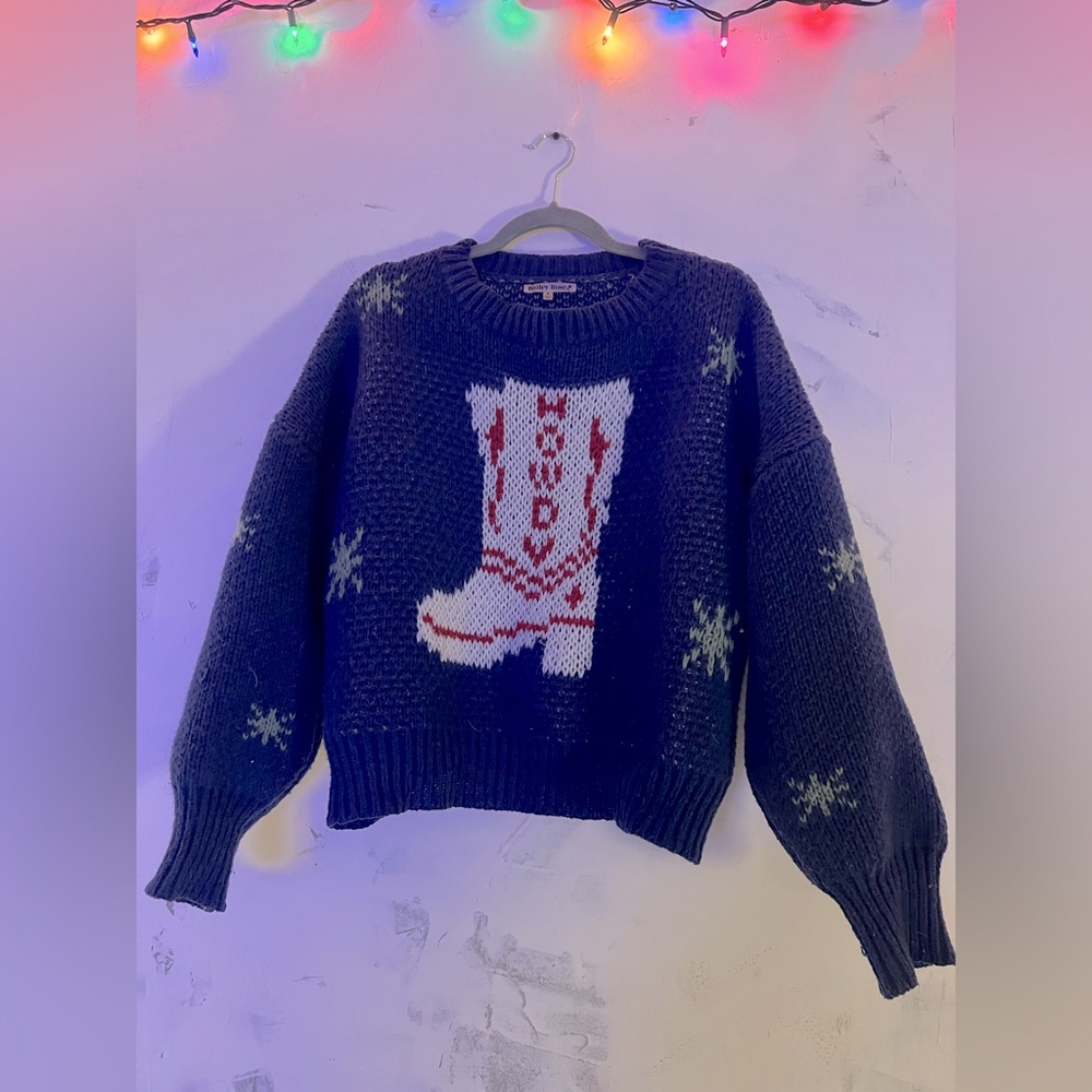 Howdy! Dark Blue Sweater with Cowboy Boot Graphic